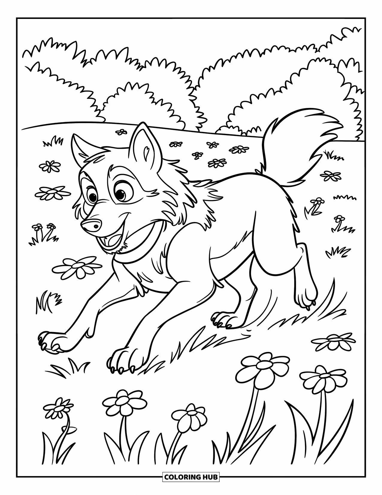 Wolf Coloring Page for Kids: A wolf runs through a field with flowers and lush trees around