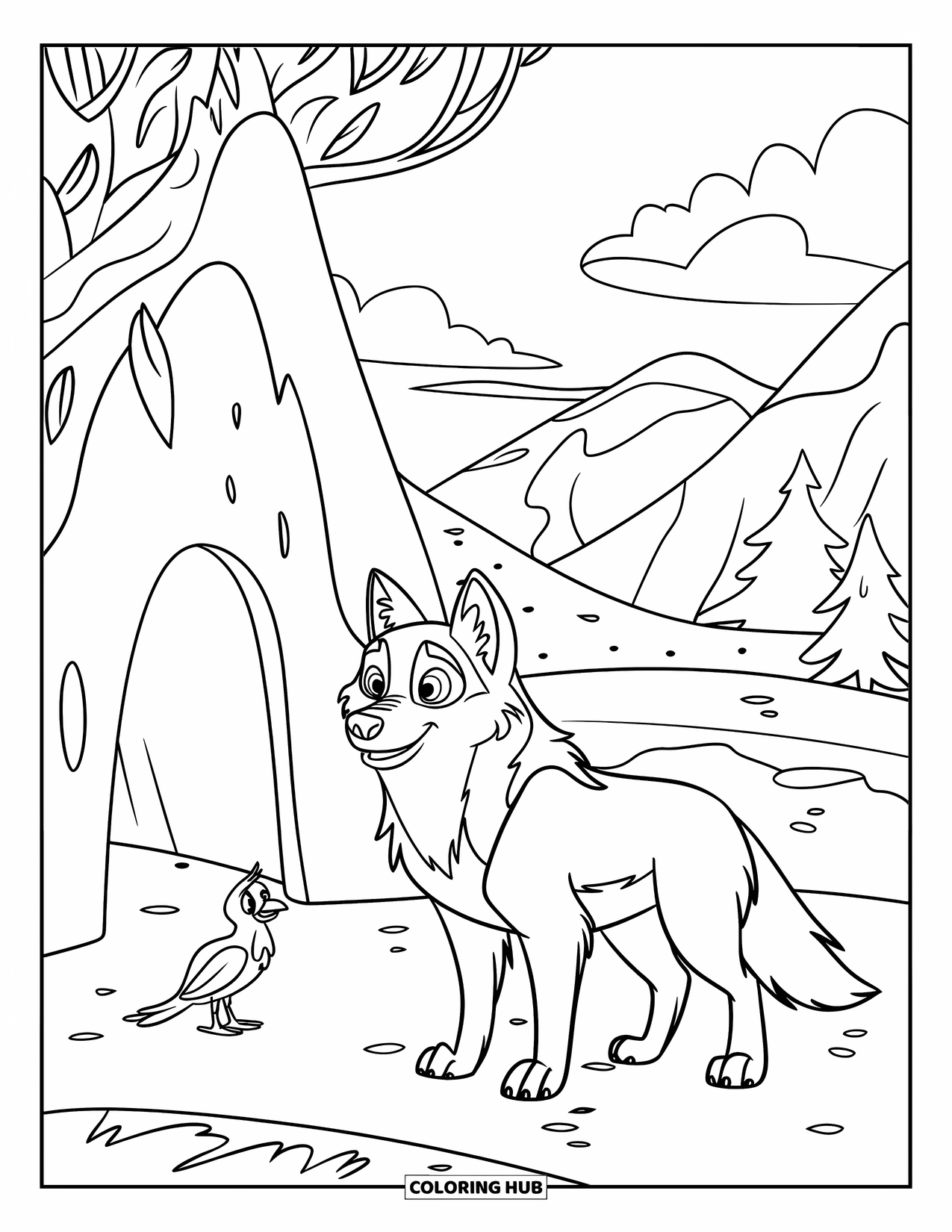 Wolf Coloring Page for Kids: A wolf stands by a cave with a bird perched nearby