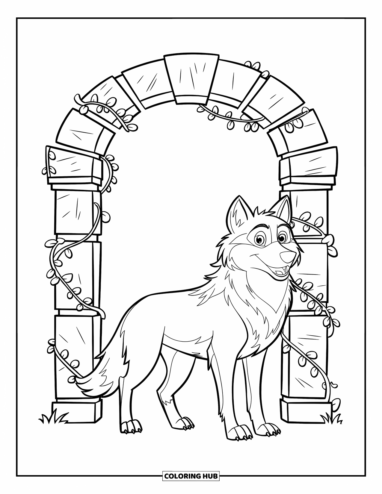 Wolf Coloring Page for Kids: A wolf stands by a vine-covered stone arch