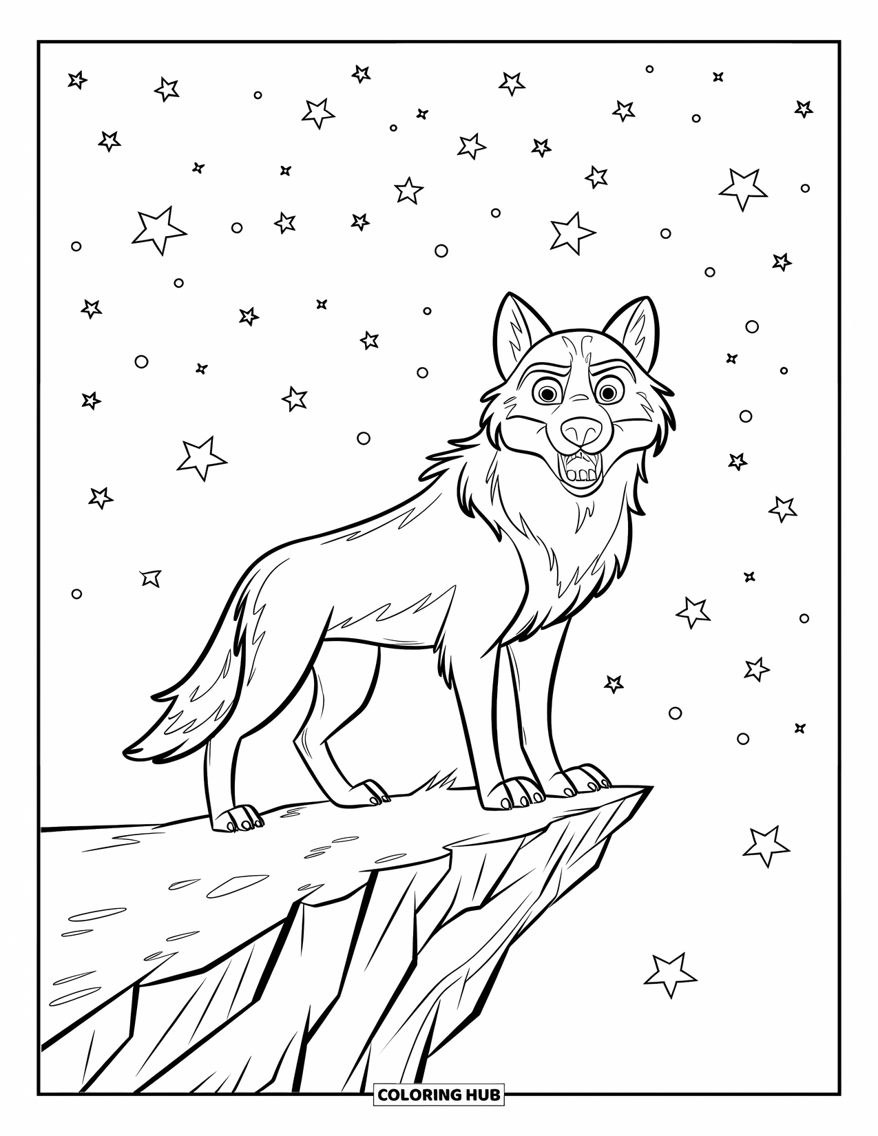 Wolf Coloring Page for Kids: A wolf stands guard on a cliff under a starry sky