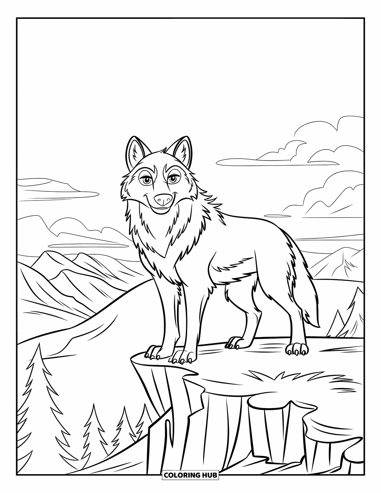 Wolf Coloring Page for Kids: A wolf stands on a cliff, watching mountains in the distance
