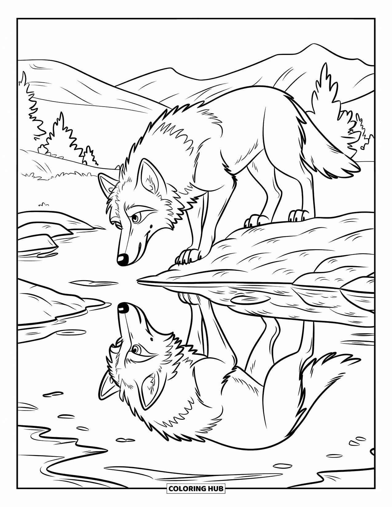 Wolf Coloring Page for Kids: A wolf stands on rocks, looking at its reflection in a pond