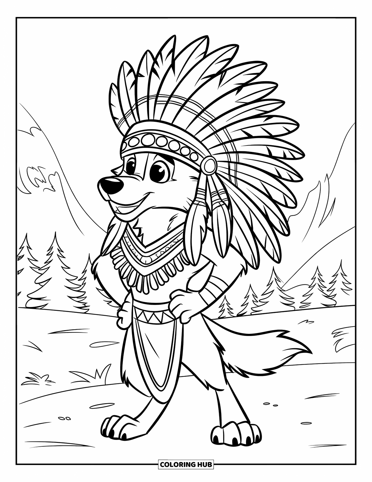 Wolf Coloring Page for Kids: A wolf wearing a feathered headdress and loincloth stands confidently in nature