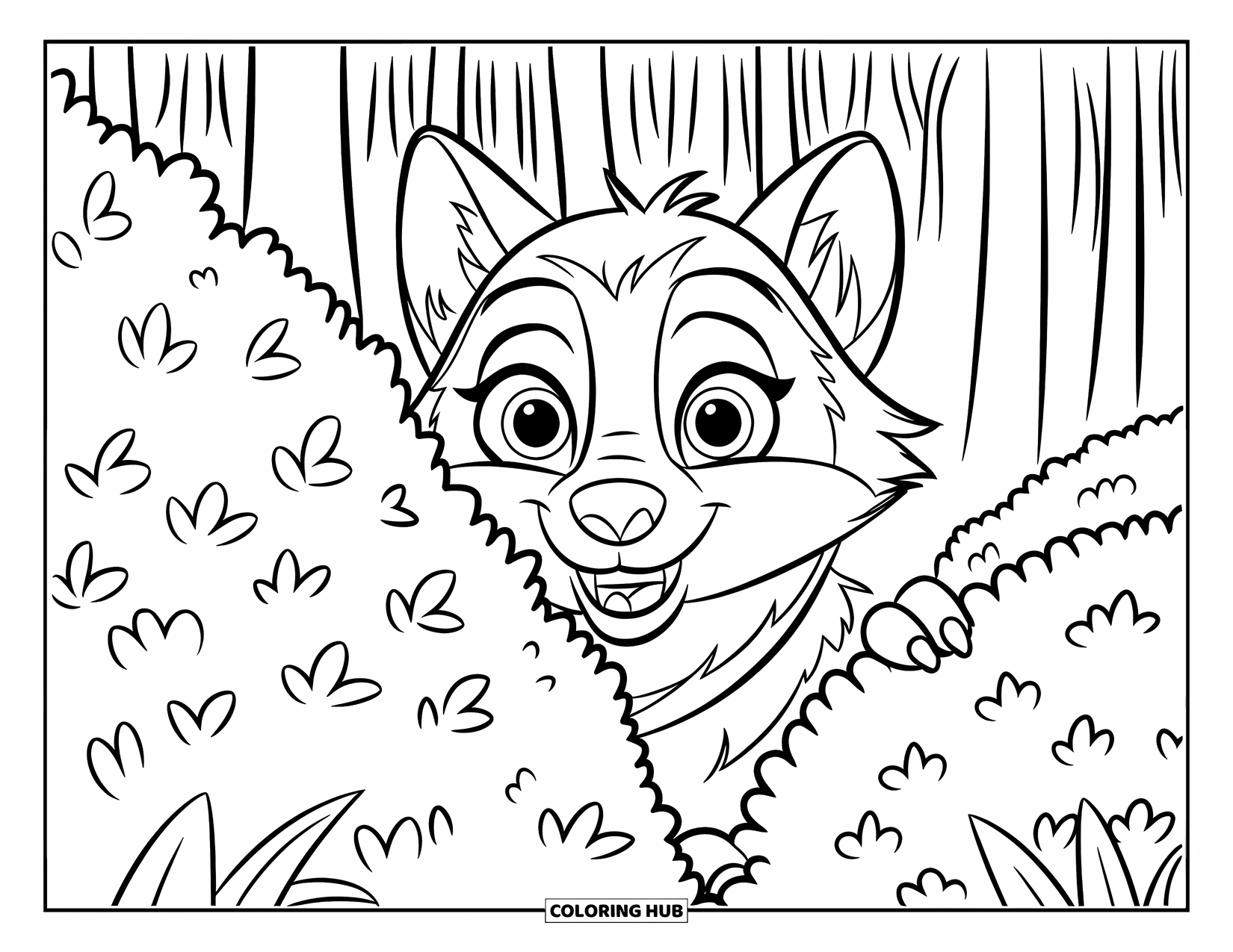 Wolf Coloring Page for Kids: A wolf with a collar peeks from behind a leafy bush