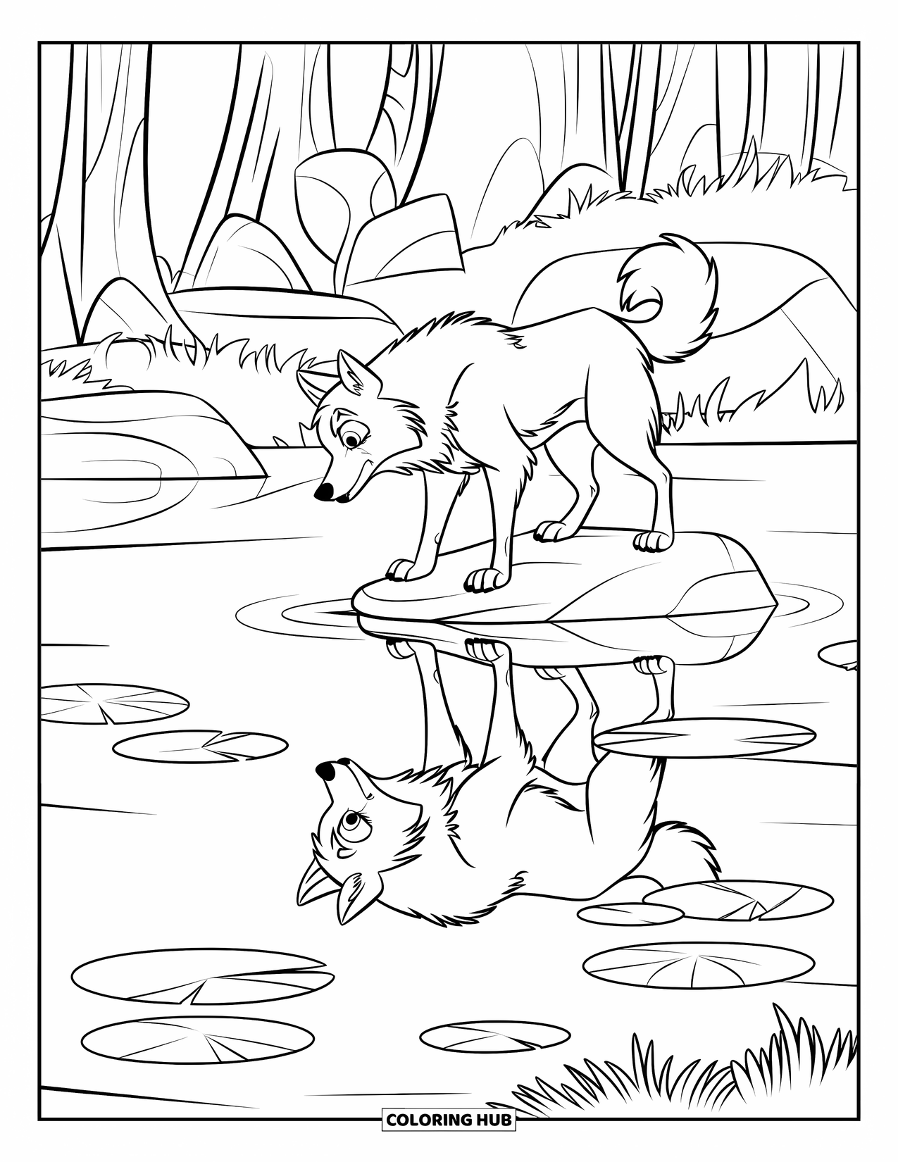 Wolf Coloring Page for Kids: A wolf with a fluffy tail gazes into a pond with lily pads