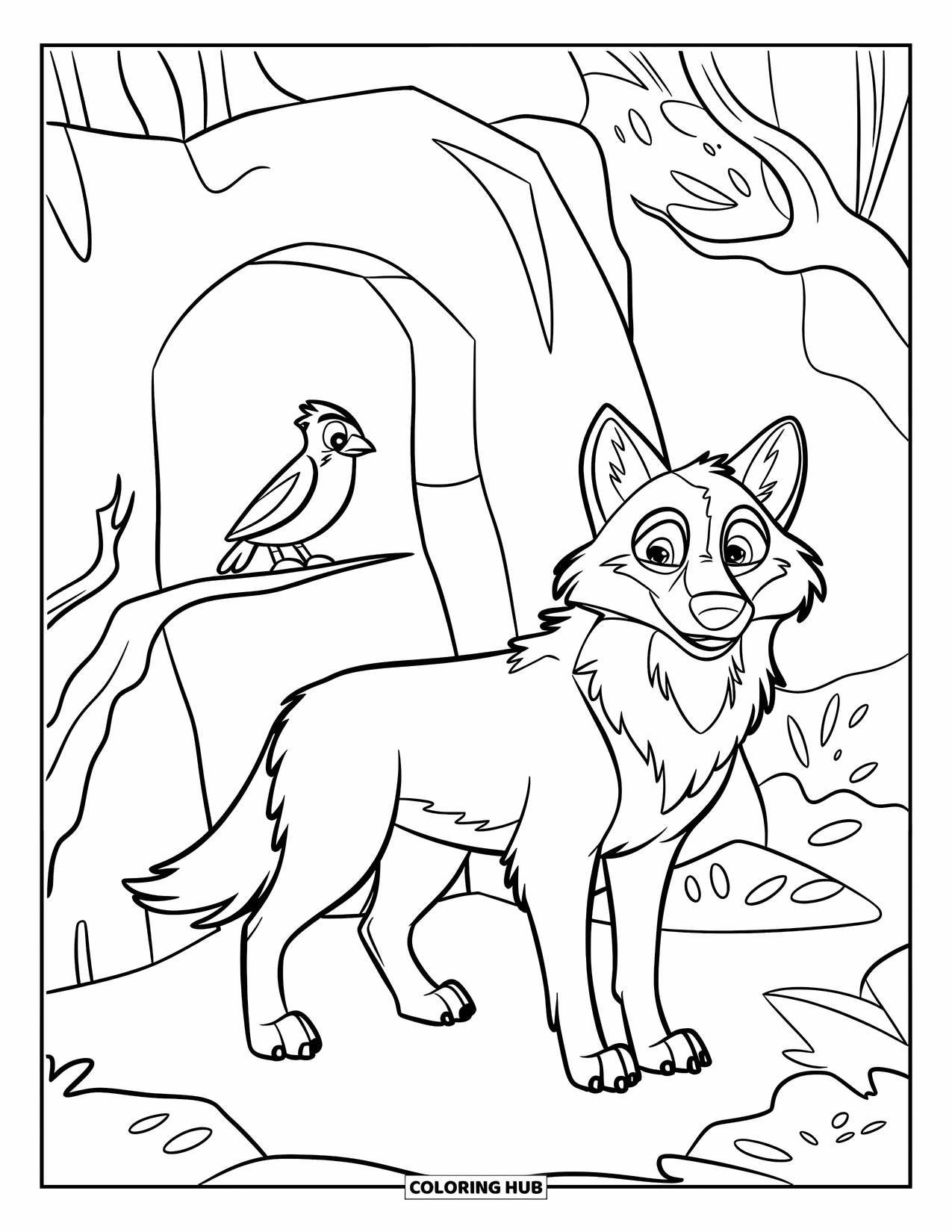 Wolf Coloring Page for Kids: A wolf with a friendly look stands near a cave and a bird