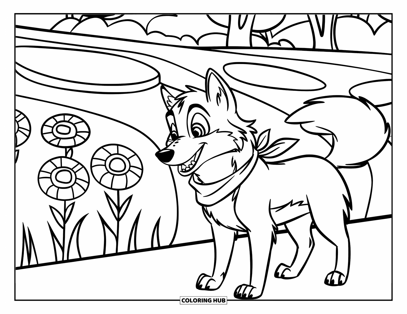 Wolf Coloring Page for Kids: A wolf with a red scarf stands near a field of flowers