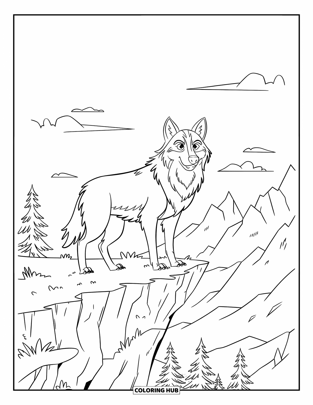 Wolf Coloring Page for Kids: A wolf with a thick coat stands proudly on a rocky cliff