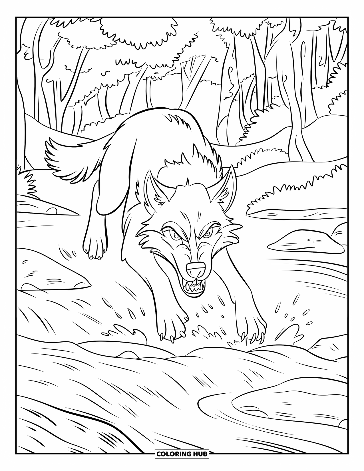 Wolf Coloring Page for Kids: A wolf with sharp teeth leaps over rocks in a fast river