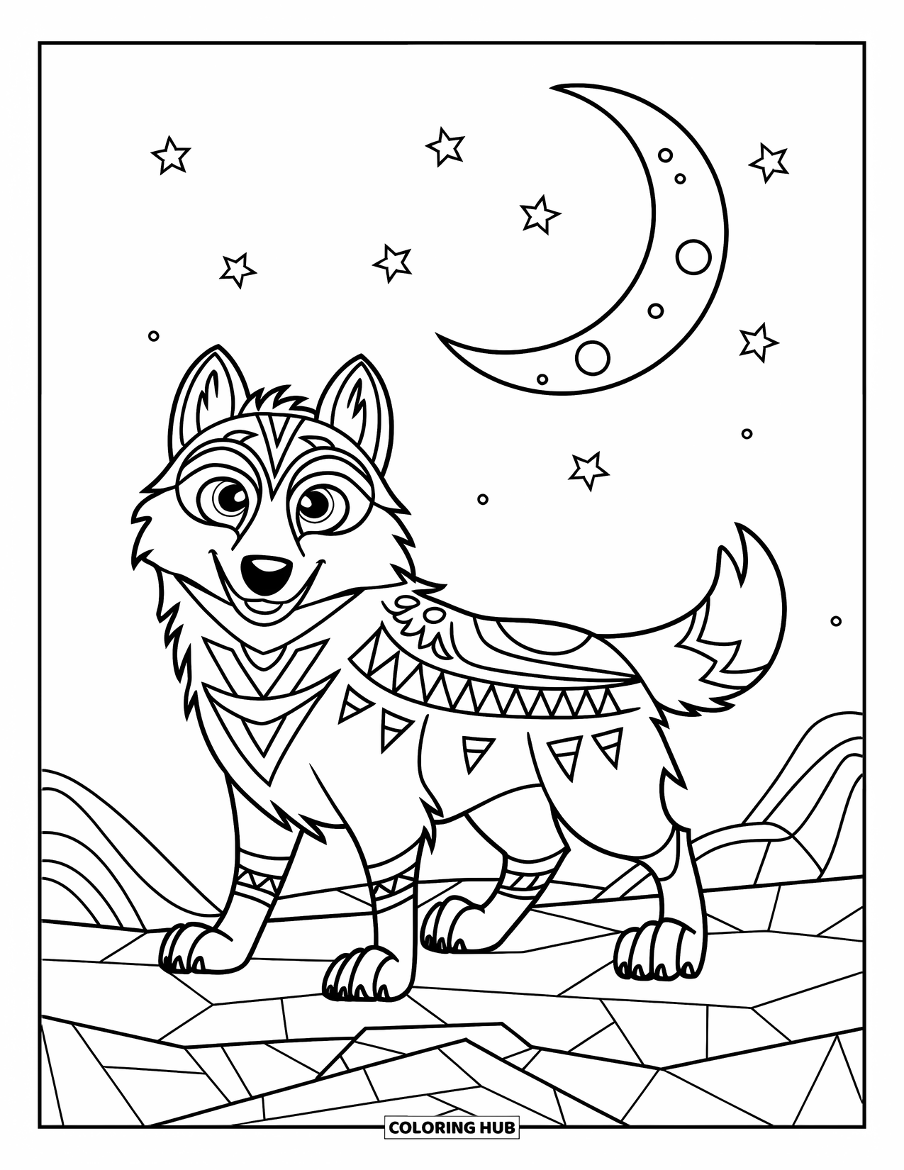 Wolf Coloring Page for Kids: A wolf with tribal designs stands beneath a crescent moon