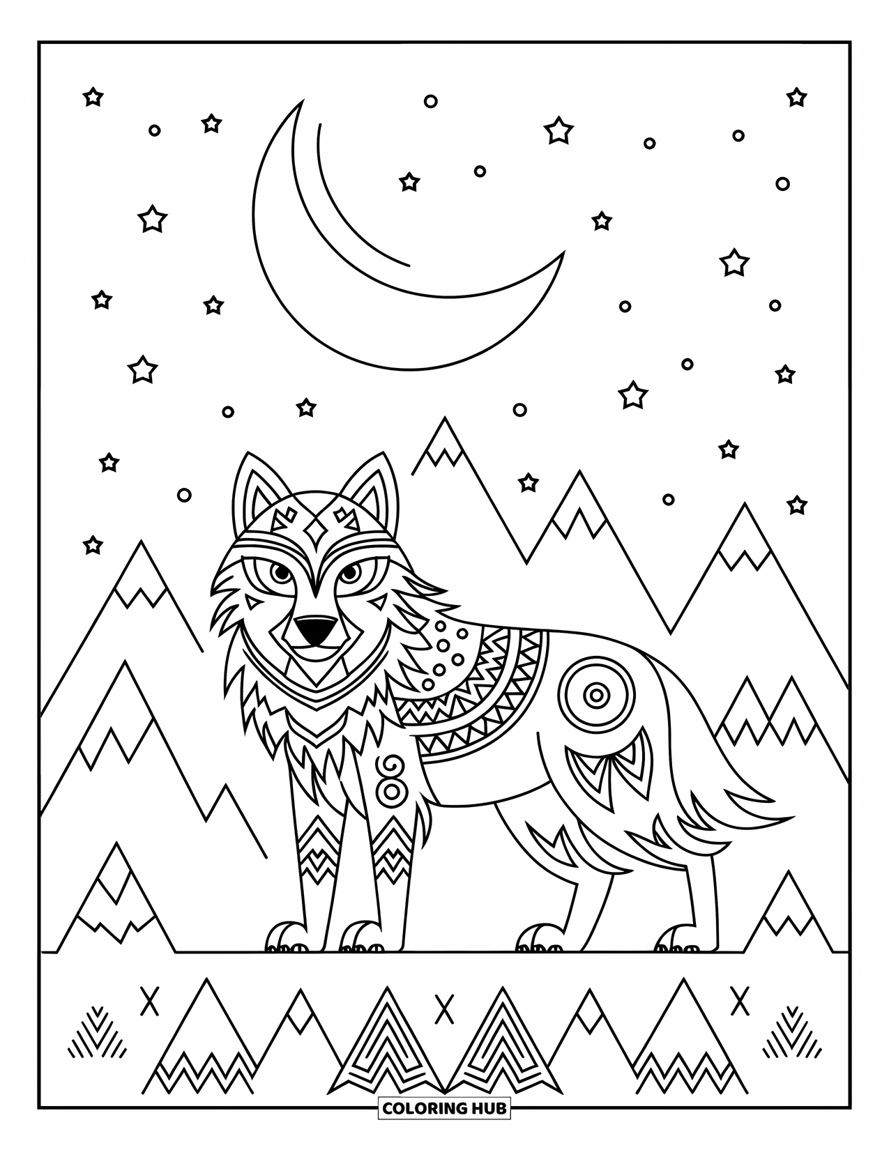 Wolf Coloring Page for Kids: A wolf with tribal patterns and a crescent moon above