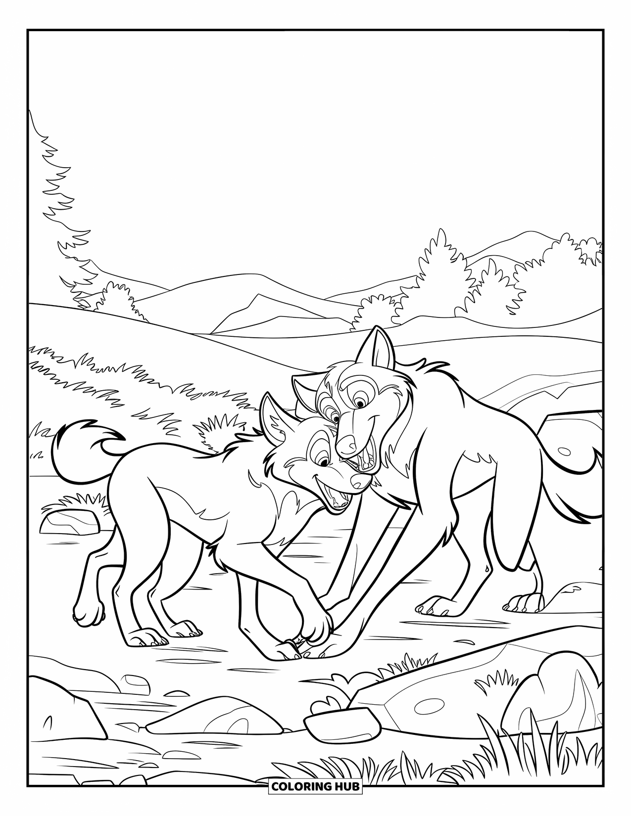Wolf Coloring Page for Kids: Two playful wolves romp near a grassy riverbank