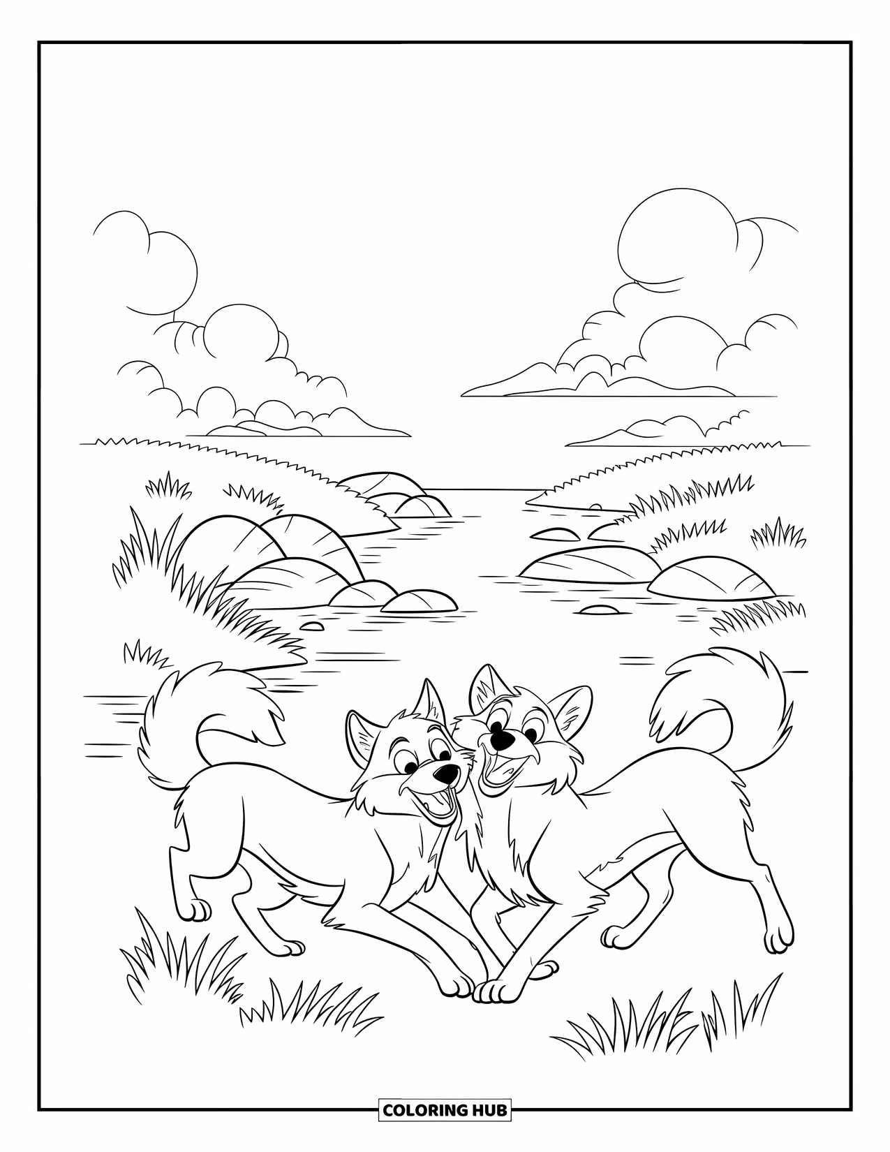 Wolf Coloring Page for Kids: Two wolves play near a riverbank with rocks and trees around