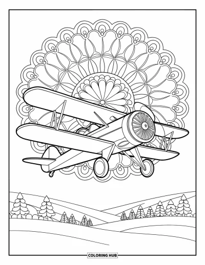 Airplane Coloring Page for Adults: A biplane glides past a sky of flower mandalas and peaceful hills