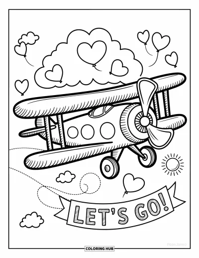 Airplane Coloring Page for Adults: A biplane glides past sun-shaped clouds with swirl trails and a ìLetís Go!î banner