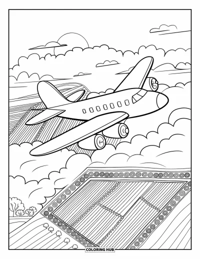 Airplane Coloring Page for Adults: A bold-outlined airplane flies above fields and trees with a sunset sky behind it