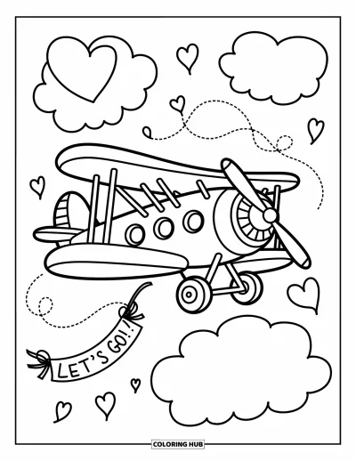 Airplane Coloring Page for Adults: A cheerful biplane zooms through swirly skies with balloons and a playful banner