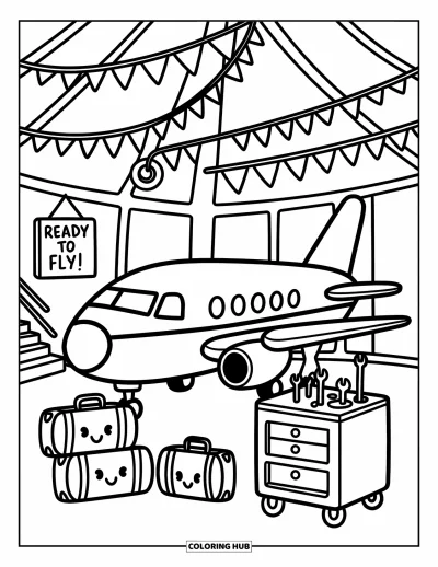 Airplane Coloring Page for Adults: A cheerful hangar scene shows a resting plane with friendly luggage and bunting flags