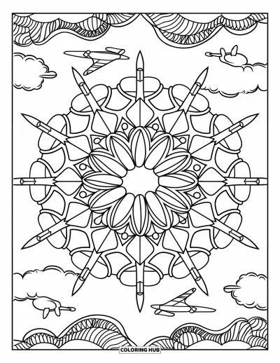 Airplane Coloring Page for Adults: A circular mandala design blends airplane shapes with fluffy cloud patterns