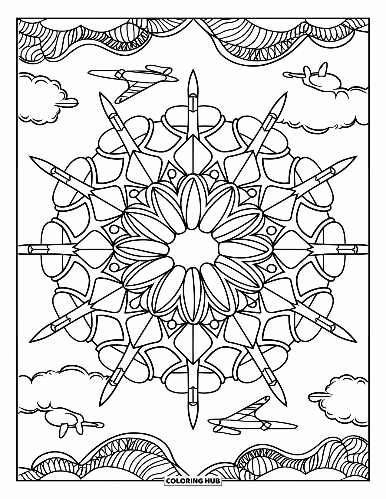 Desen de colorat cu avioane pentru adulți: Un design circular de mandala amestecă forme de avioane cu modele de nori pufoși