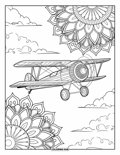 Airplane Coloring Page for Adults: A classic biplane flies under a sky filled with flower-like patterns and clouds