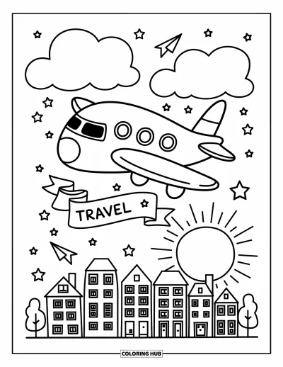 Airplane Coloring Page for Adults: A cute airplane glides above cozy clouds and a tiny sunlit town