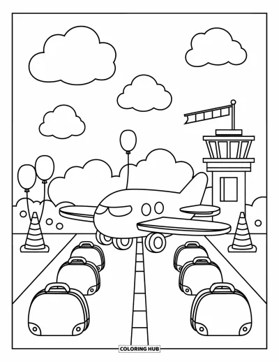 Airplane Coloring Page for Adults: A cute plane sits near balloon cones, smiling bags, and a happy control tower