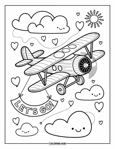 Airplane Coloring Page for Adults: A happy biplane soars with balloons and a banner through a sky full of cute clouds