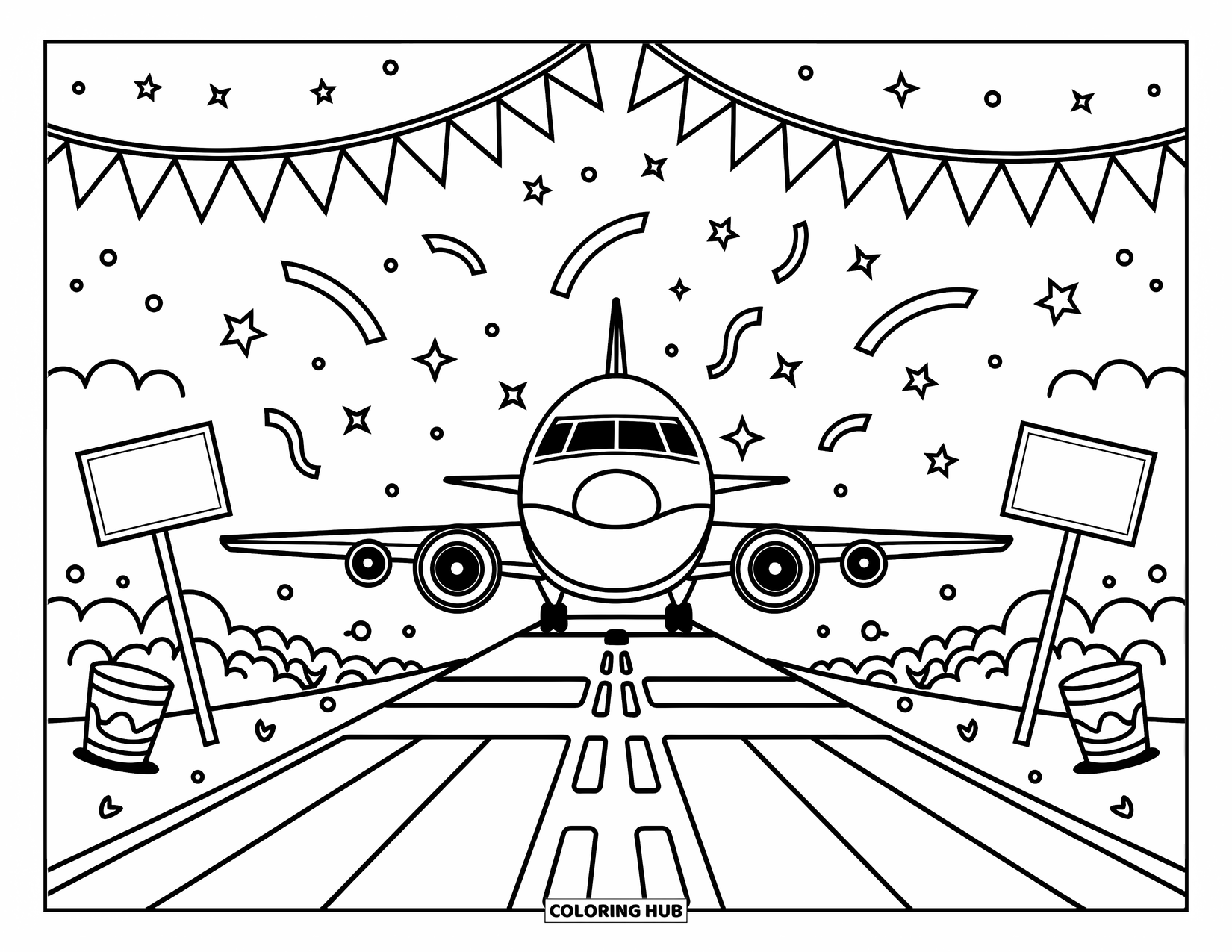 Desen de colorat cu avioane pentru adulți: Un avion fericit aterizează pe o pistă plină de oameni mici și decorațiuni jucăușe