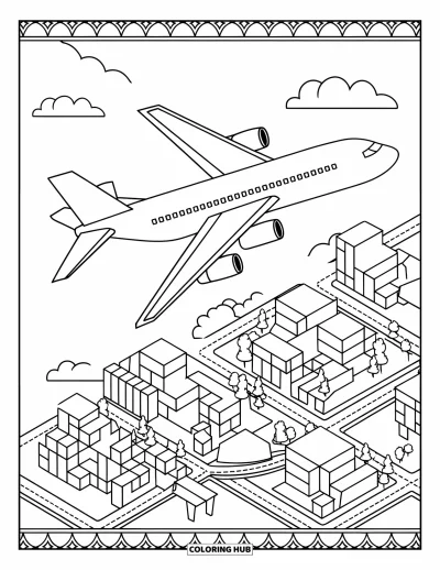 Airplane Coloring Page for Adults: A jet flies over a gridded city in a stained glass design with borders