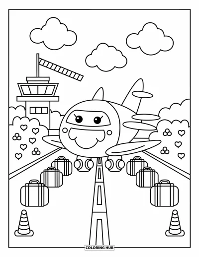 Airplane Coloring Page for Adults: A parked plane is greeted by happy luggage, balloon cones, and smiling clouds
