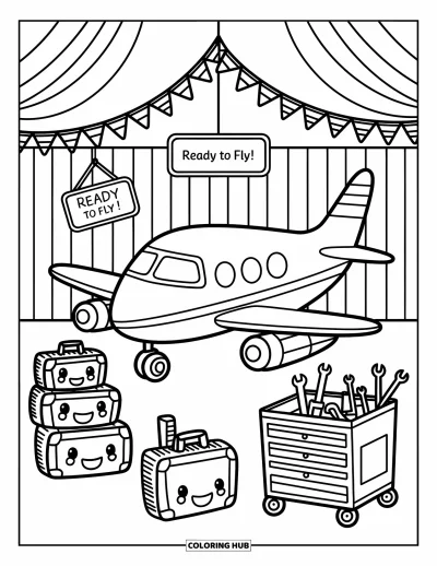Airplane Coloring Page for Adults: A parked plane with a smile is surrounded by lights, bunting, and friendly tools