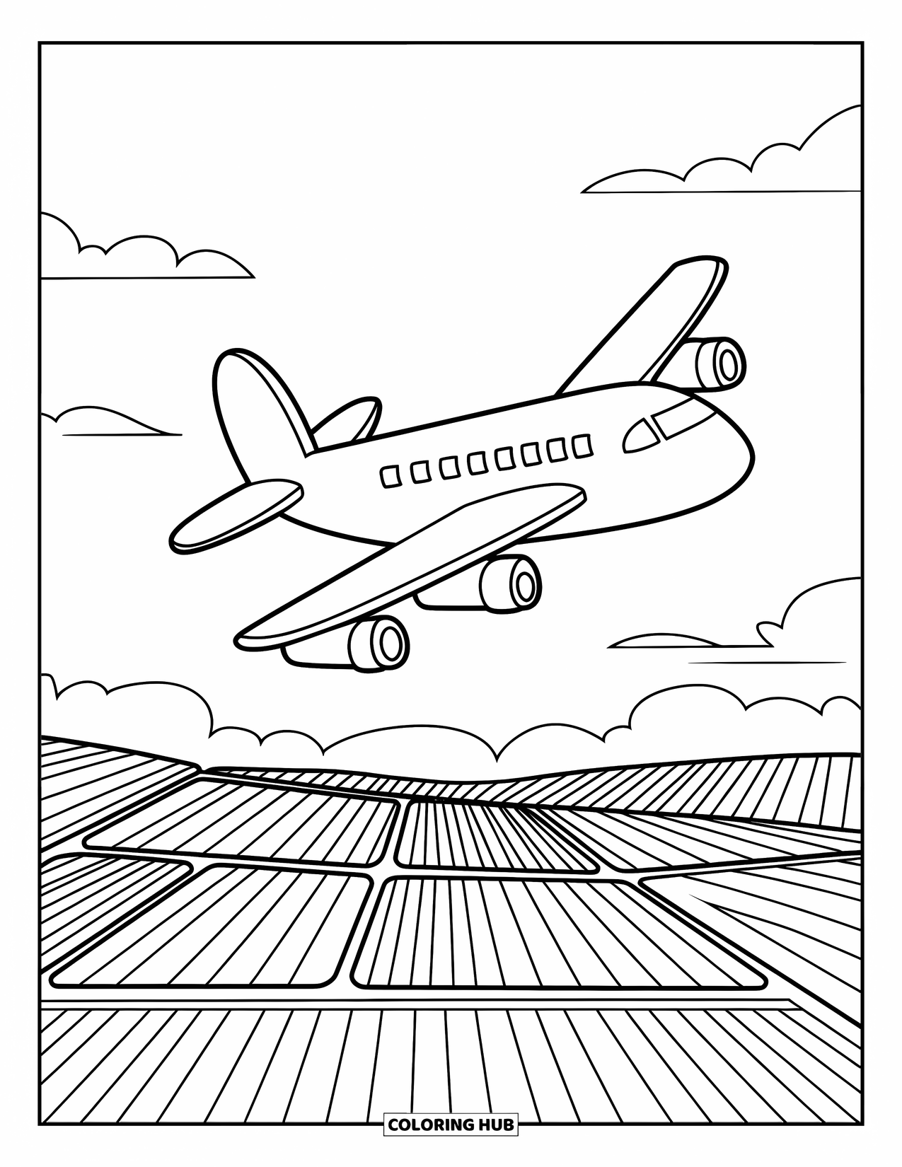 Desen de colorat cu avioane pentru adulți: Un avion zboară deasupra unor terenuri agricole îngrijite, patchwork și un cer luminos și deschis