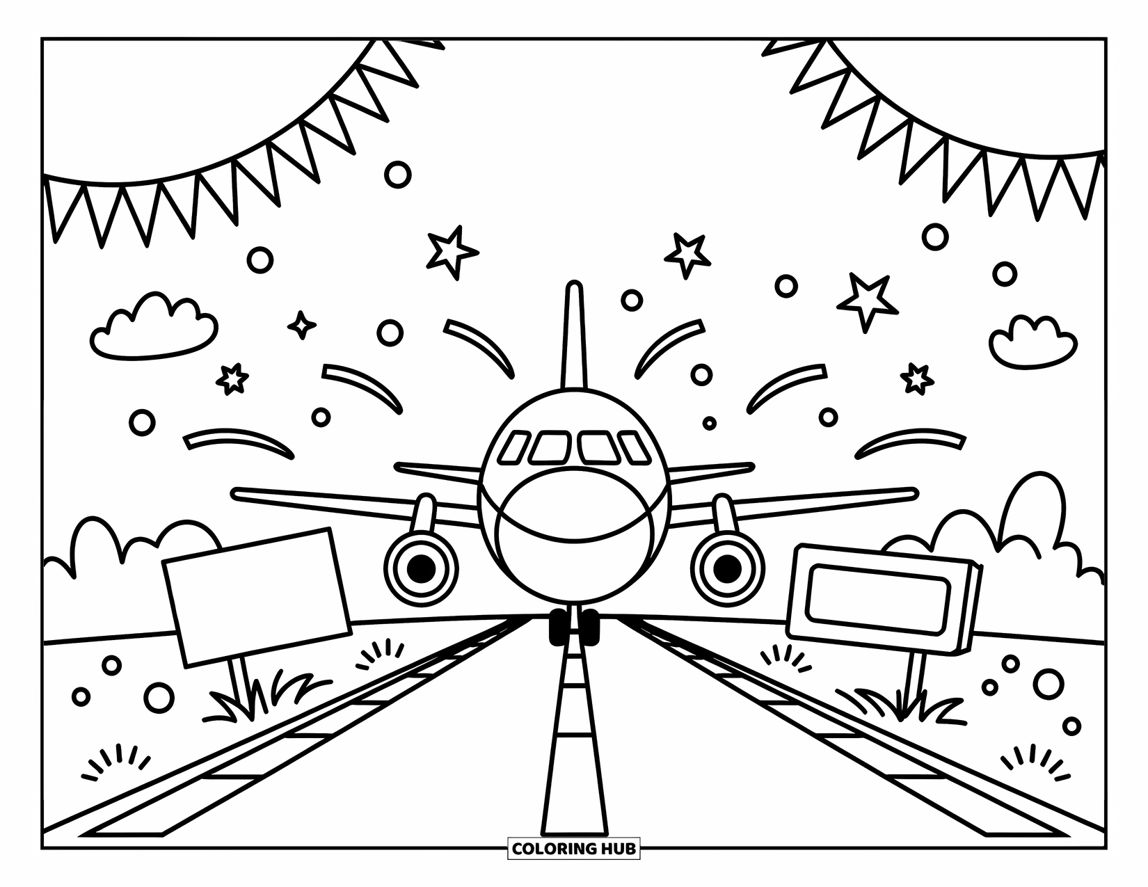 Desen de colorat cu avioane pentru adulți: Un avion aterizează pe o pistă festivă cu serpentină, confetti și semne de bun venit care flutură