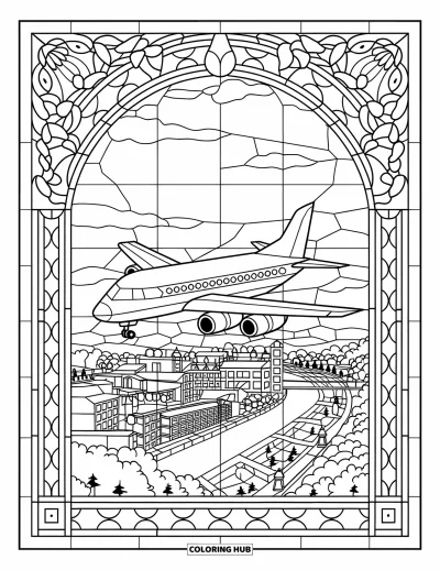 Airplane Coloring Page for Adults: A plane soars above a city with buildings and trees in stained glass layout