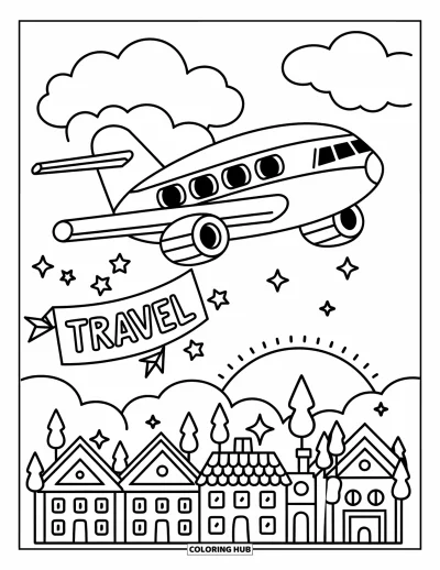 Airplane Coloring Page for Adults: A smiling plane soars above soft clouds, trailing a banner as a sunny town glows below