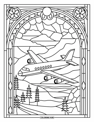 Airplane Coloring Page for Adults: A stained glass design shows a plane flying over trees, mountains, and water