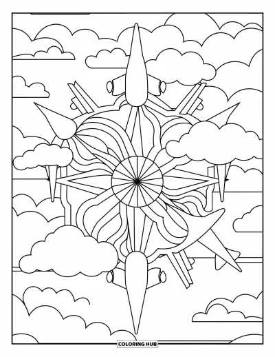 Airplane Coloring Page for Adults: Airplanes and clouds form a peaceful mandala with flying jets in the background