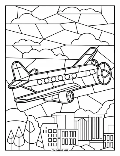 Airplane Coloring Page for Adults: An airplane flies above a cityscape in a stained glass-style pattern