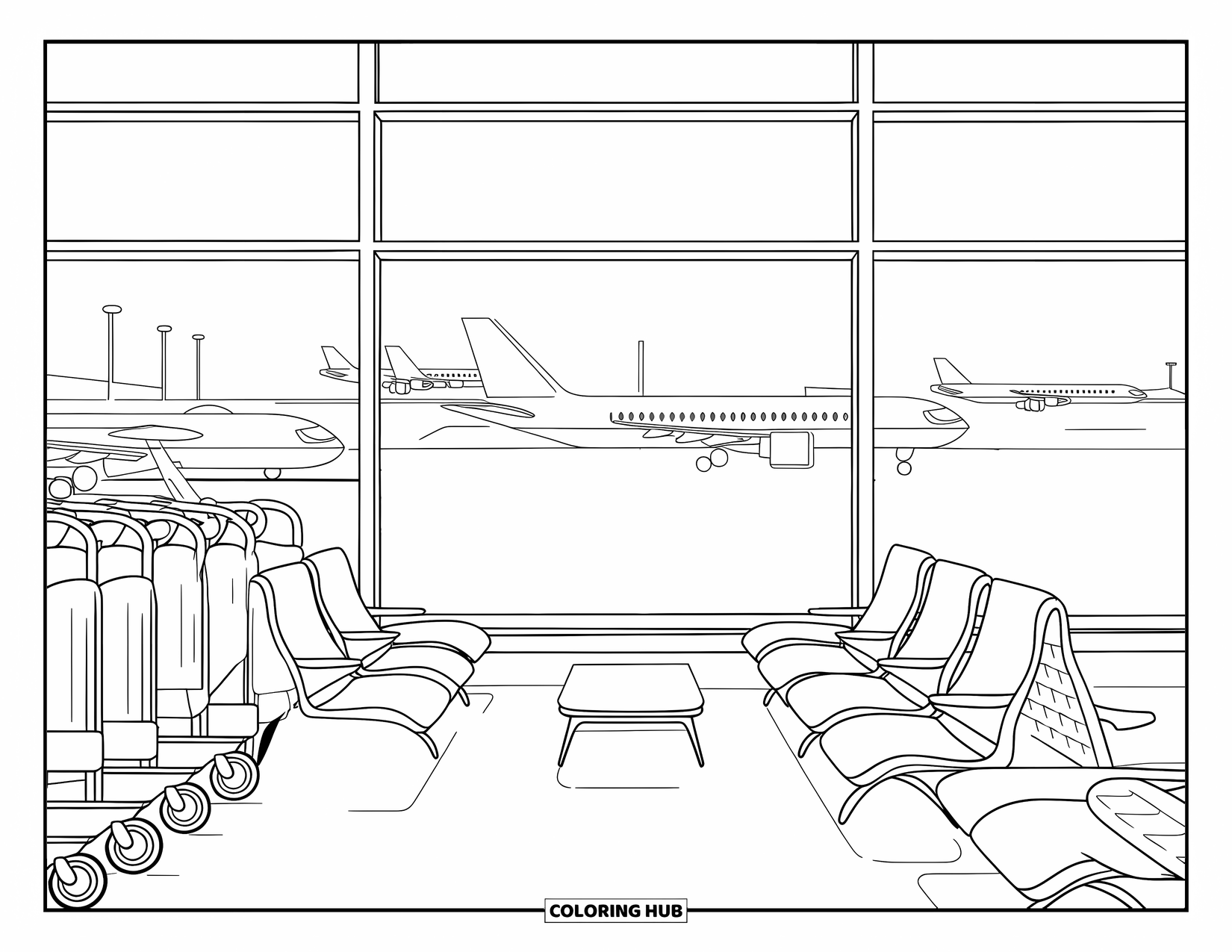 Desen de colorat cu avioane pentru adulți: Un salon de aeroport cu cărucioare, scaune și avioane care decolează în depărtare