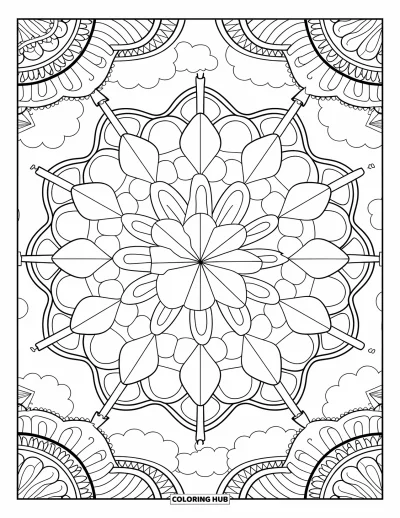 Airplane Coloring Page for Adults: An intricate mandala mixes plane silhouettes and cloud designs for a relaxing vibe