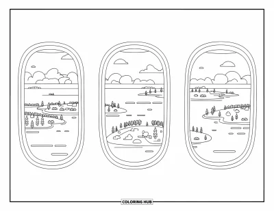 Airplane Coloring Page for Adults: An island-filled ocean view appears through airplane windows under a peaceful sky