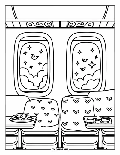 Airplane Coloring Page for Adults: From the window, birds fly past stars and clouds while cozy snacks fill the cabin