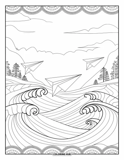 Airplane Coloring Page for Adults: Paper airplanes float gently over calm, patterned waves and peaceful mountains