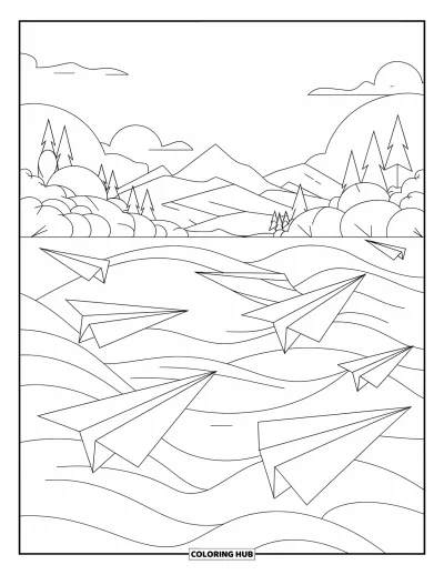 Airplane Coloring Page for Adults: Paper airplanes glide over peaceful water in a calm, dreamy landscape