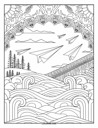 Airplane Coloring Page for Adults: Paper planes drift above decorative waves with mountains and trees in the distance
