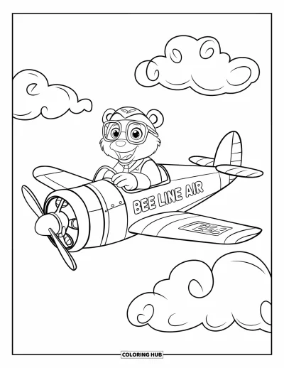 Airplane Coloring Page for Kids: A bear in glasses flies a “Bee Line Air” plane through the cloudy sky