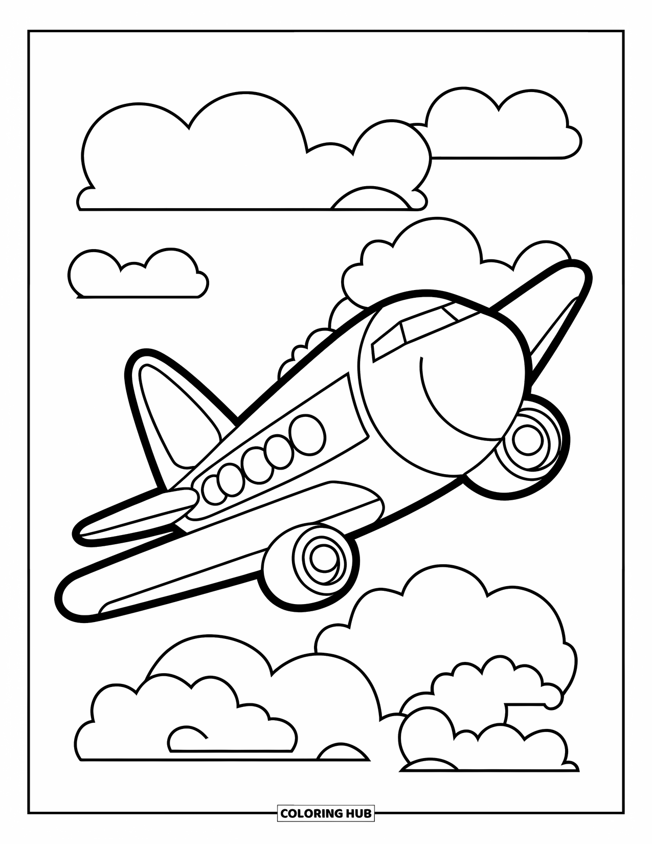 Desen de colorat cu avioane pentru copii: Un avion mare de desene animate zboară vesel deasupra unor nori moi și pufoși