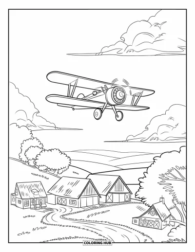Airplane Coloring Page for Kids: A biplane glides over a green valley village with winding roads and fluffy clouds