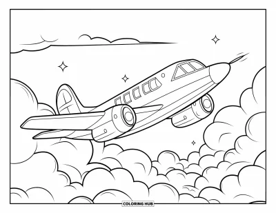 Airplane Coloring Page for Kids: A bold plane with big windows flies high through puffy clouds under a starry sky